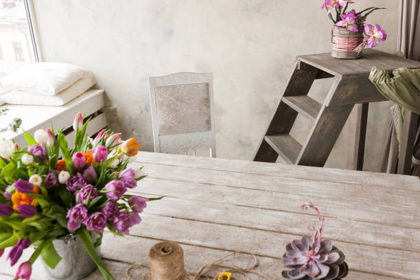 istock Floristry workplace background. Colorful flowers 692732158