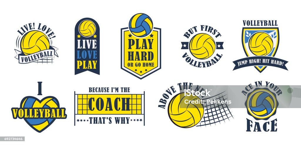 Volleyball icon set, vector illustration Volleyball icon set, creative labels for players competing in sport game, athletes and coaches motto, t-shirt badge for fan zone or volunteers, vector illustration Volleyball - Sport stock vector