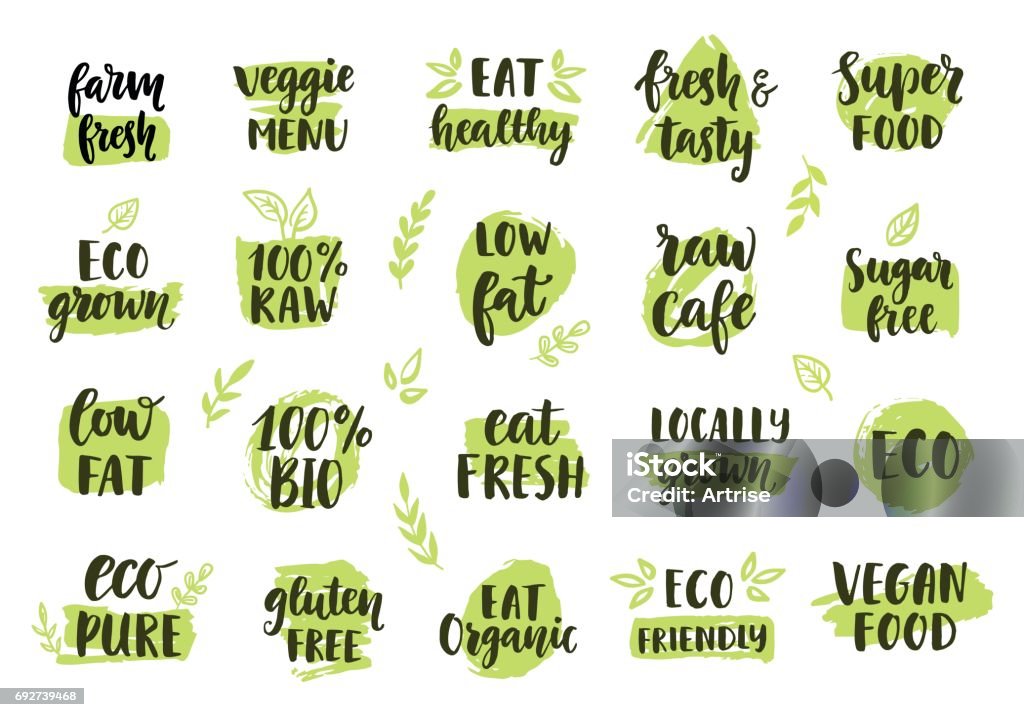 Bio, eco, organic icons set Bio, eco, organic icons set. Vector labels, emblems, stickers, stamps design. Ecology healthy eating icon for raw cafe, vegan menu, gluten free food, fresh farm product. Hand drawn lettering, stains Healthy Eating stock vector