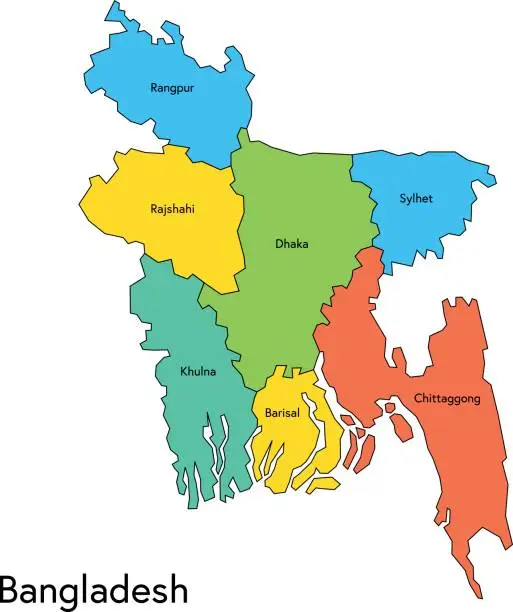 Vector illustration of Bangladesh map with regions and names