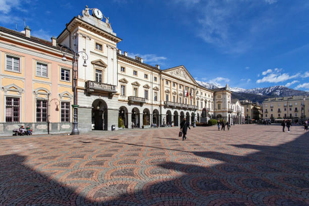 Piazza Porte Pretoriane and Town hall - Aosta, Valle d'aosta, Italy stock photo