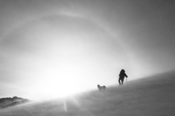 Man and his dog in the winter storm while climbing a mountain
