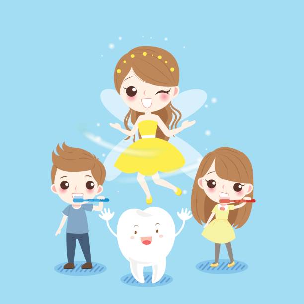 dzieci i wróżka zębów - human teeth fairy cartoon toothbrush stock illustrations