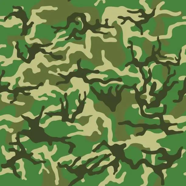 Vector illustration of Camouflage pattern background seamless vector illustration. Classic clothing style masking camo repeat print. Green brown black olive colors forest texture.