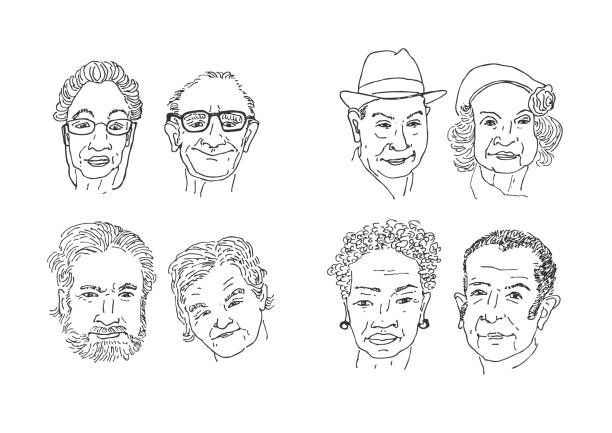 Old people faces drawing. Men and women faces hand drawing cartoon. Faces sketching vector. portrait drawings stock illustrations