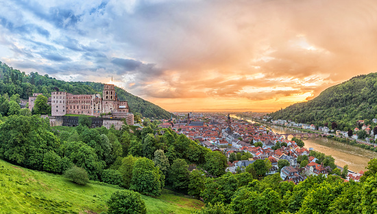 Aerial panoramic cityscape of Heidelberg on sunset, Baden-Wurttemberg, Germany\
