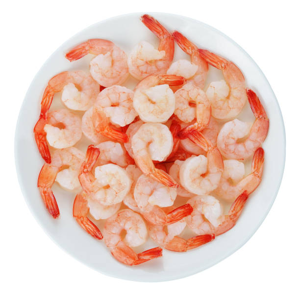 istock Cooked shrimps plate. On white background 692781656