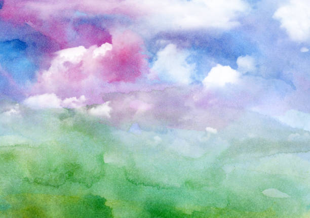 ilustraciones, imágenes clip art, dibujos animados e iconos de stock de paisaje de acuarela - cloudscape cloud flower sky