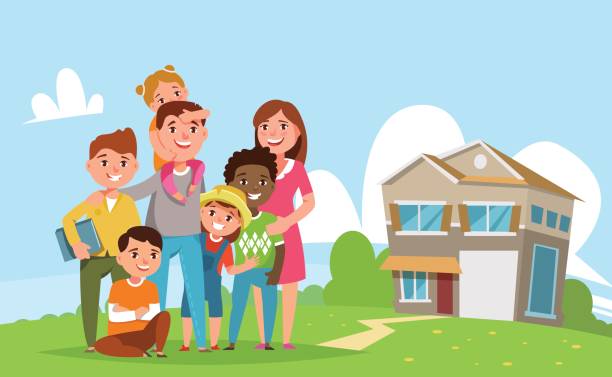 Happy big international family standing together Big international family with adopted child standing together in the background of his family house. Vector illustration flat style family home stock illustrations