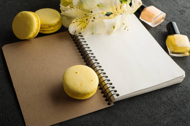 Blank notebook, yellow macaroons