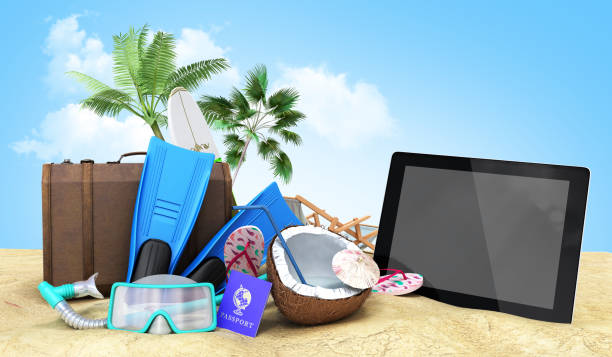 istock Concept travel to tropical countries Different objects on the beach sand 3d render 692790702
