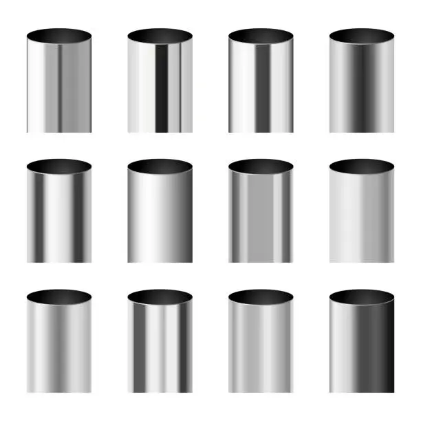 Vector illustration of Chrome metal polished gradients corresponding to cylinder pipe vector set