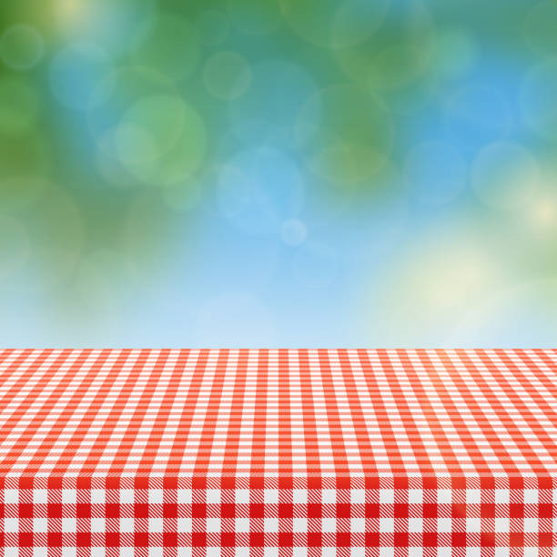 ilustrações de stock, clip art, desenhos animados e ícones de picnic table with red checkered pattern of linen tablecloth and blurred nature background vector illustration - on top of illustrations