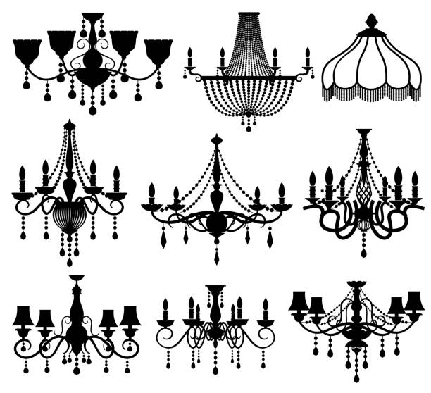 illustrazioni stock, clip art, cartoni animati e icone di tendenza di classico vetro cristallo antico eleganti lampadari sagome vettoriali nere - chandelier