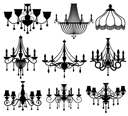 Classic crystal glass antique elegant chandeliers black vector silhouettes. Antique lamp for interior illustration