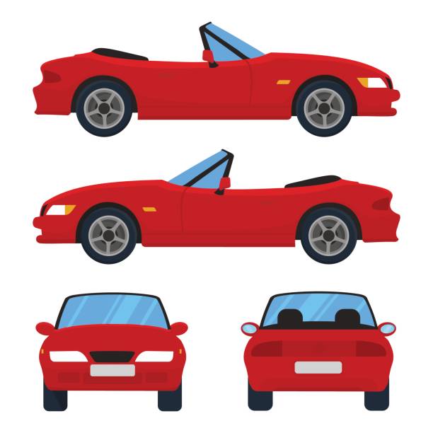 ilustraciones, imágenes clip art, dibujos animados e iconos de stock de vector de coche cabriolet rojo cuatro vistas, superior, lateral, espalda, frente. - descapotable