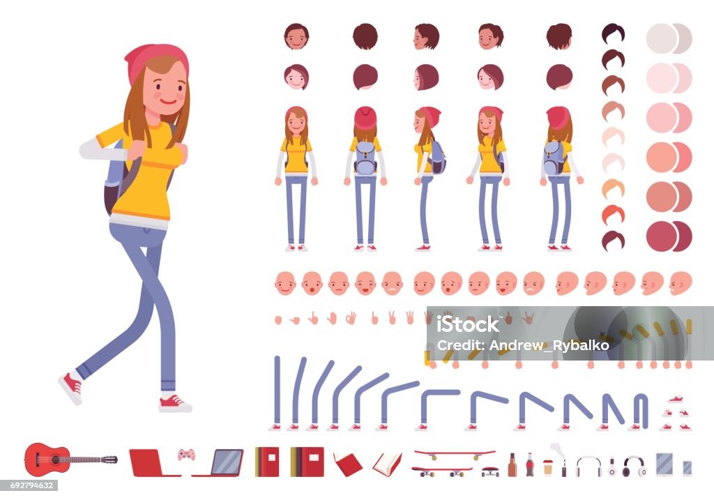 Teenager girl character creation set Teenager girl with backpack. Character creation set. Full length, different views, emotions, gestures, isolated against white background. Build your own design. Cartoon flat-style vector illustration Characters stock vector