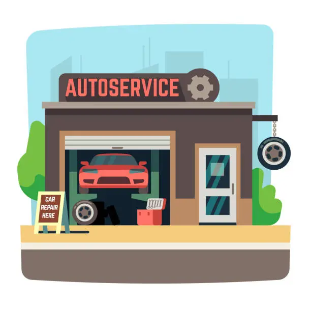 Vector illustration of Car repair mechanic shop with automobile inside auto garage vector illustration