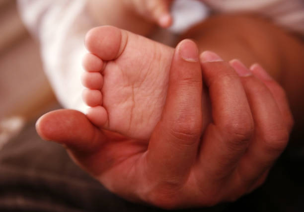 istock Parents hands hold baby boy legs 692797402