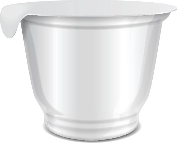 istock Round glossy plastic pot with foil cover for sour cream, yogurt, jam, dessert. Vector realistic packaging mockup template. 200 ml 692797618