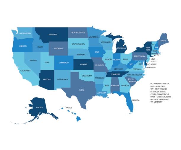 ilustraciones, imágenes clip art, dibujos animados e iconos de stock de mapa del vector azul de estados unidos aislado sobre fondo blanco - north dakota