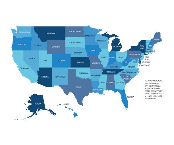 niebieska mapa wektorowa stanów zjednoczonych ameryki odizolowana na białym tle - map cartography washington dc tennessee stock illustrations