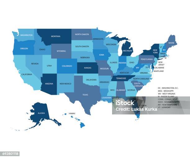 Blue Vector Map Of United States Of America Isolated On White Background Stock Illustration - Download Image Now