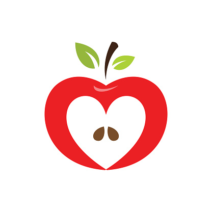 Heart shaped apple vector icon, label, emblem design. Negative space. Vector illustration isolated on white background.