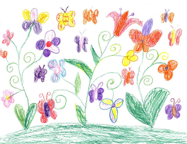 ilustraciones, imágenes clip art, dibujos animados e iconos de stock de niño dibujo mariposa y flores de la naturaleza - dibujo de niño