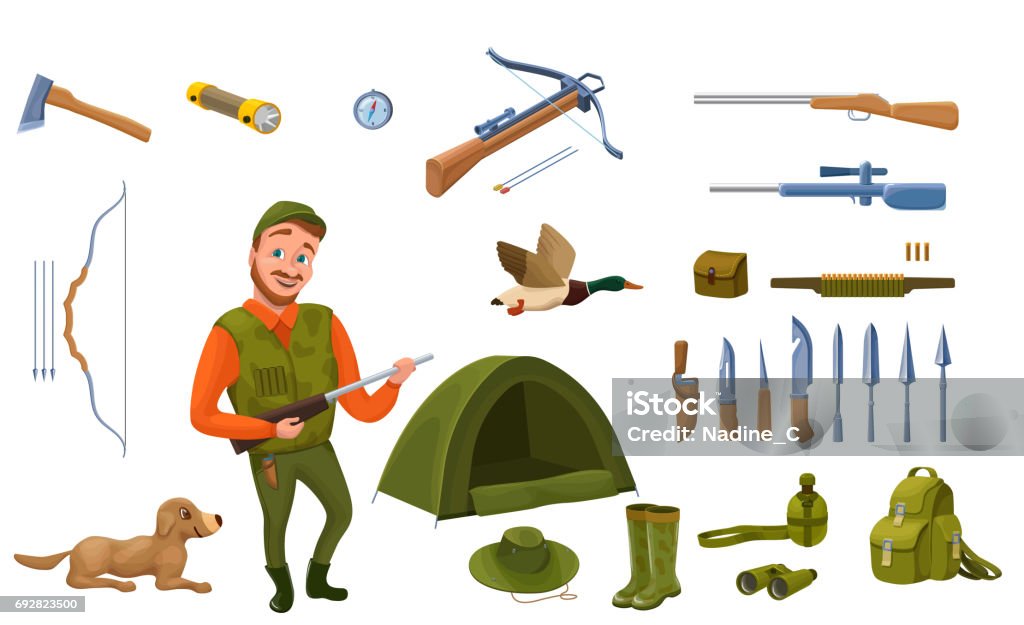 Hunter Cartoon Set With Male Character Dog Guns Hat Compass Stock  Illustration - Download Image Now - iStock