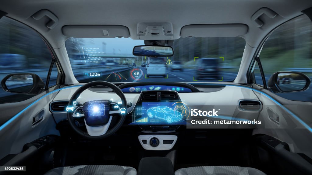 empty cockpit of vehicle, HUD(Head Up Display) and digital speedometer, autonomous car Car Stock Photo