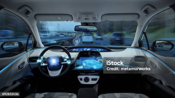 Empty Cockpit Of Vehicle Hud And Digital Speedometer Autonomous Car Stock Photo - Download Image Now