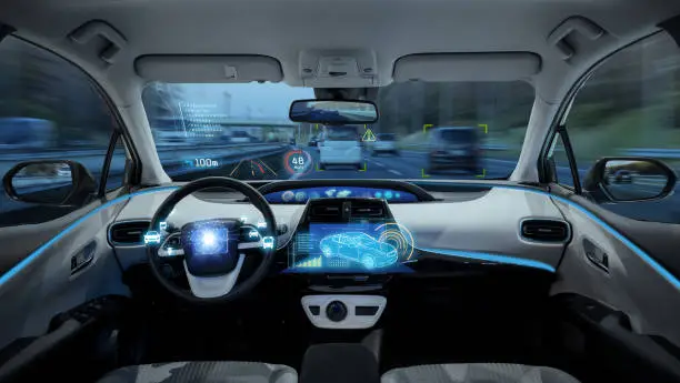 empty cockpit of vehicle, HUD(Head Up Display) and digital speedometer, autonomous car
