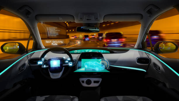 istock empty cockpit of vehicle, HUD(Head Up Display) and digital speedometer, autonomous car 692832470