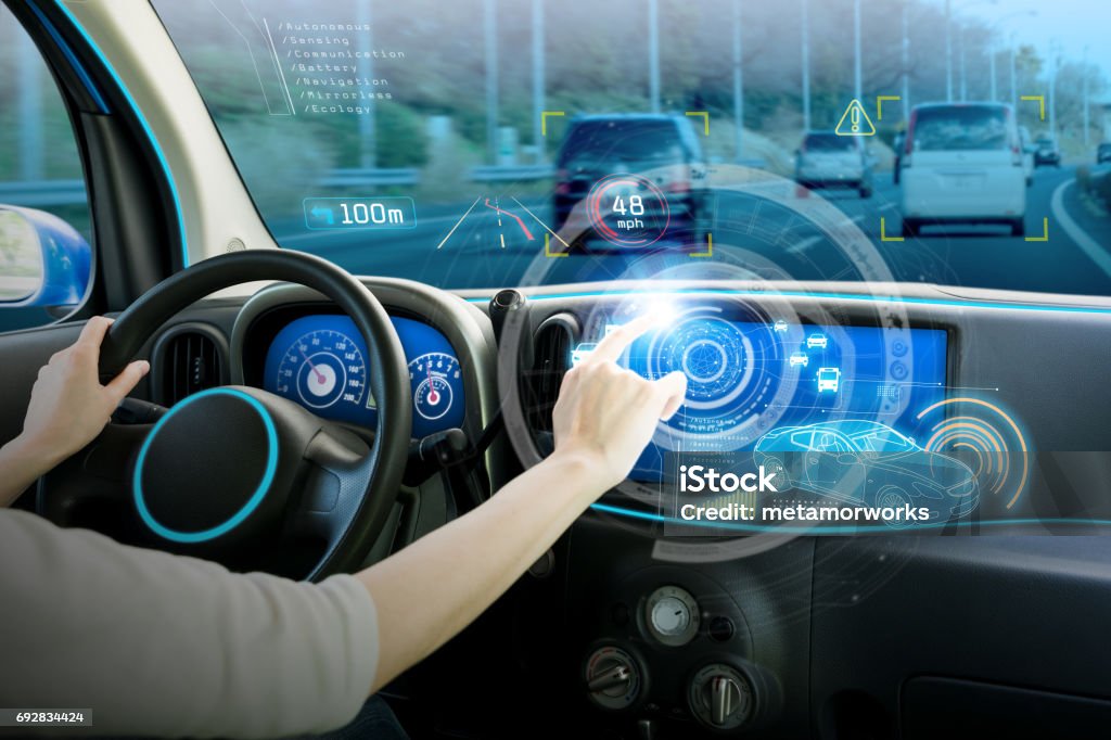 vehicle cockpit and screen, car electronics, automotive technology, autonomous car, abstract image visual Car Stock Photo