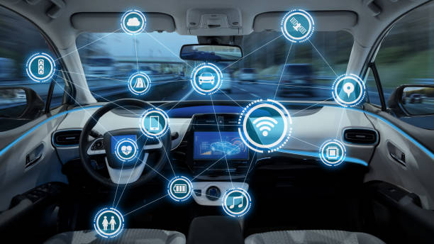 intelligent vehicle cockpit and wireless communication network concept intelligent vehicle cockpit and wireless communication network concept vehicle interior photos stock pictures, royalty-free photos & images