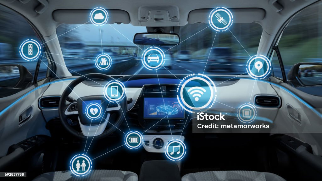 cabine de veículos inteligentes e o conceito de rede de comunicação sem fio - Foto de stock de Carro royalty-free