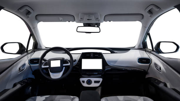 empty cockpit of vehicle and various displays