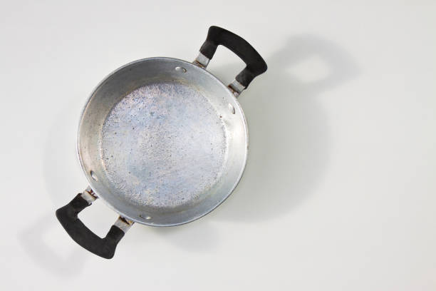 istock Old aluminum pan seen from above on white background 692838096