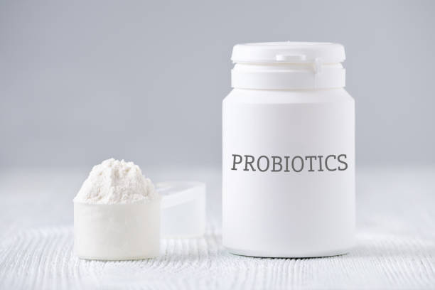 항아리와 회색에 probiotic 파우더 스푼 - vinegar bottle herb white 뉴스 사진 이미지