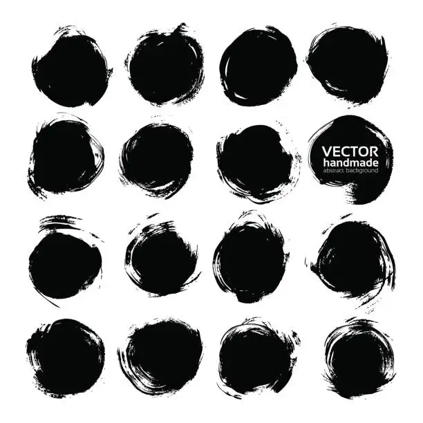 Vector illustration of Big set of black round abstract backgrounds smears vector objects isolated on a white background