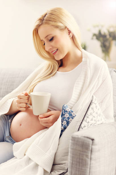 istock Happy pregnant woman resting on sofa 692848024