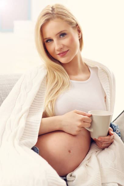 istock Happy pregnant woman resting on sofa 692848242