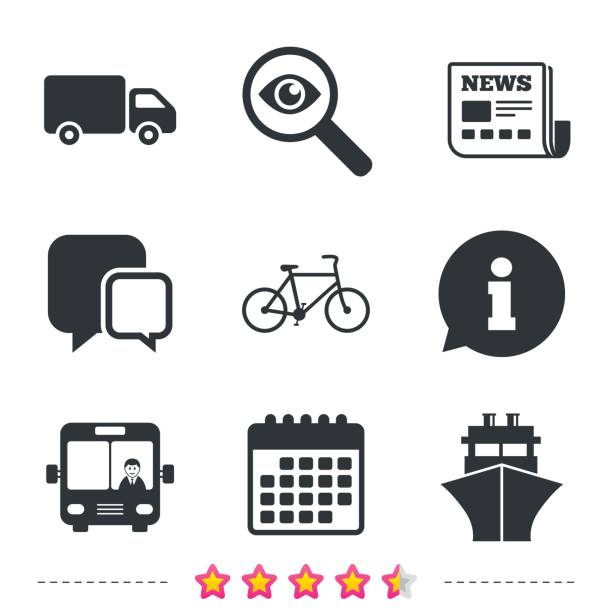 ikony transportu. ciężarówka, rower, autobus i statek. - symbol icon set interface icons magnifying glass stock illustrations