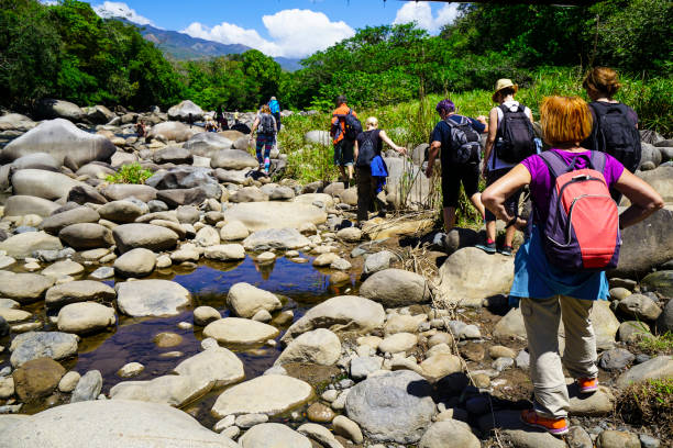 Trekking by river Rio Caldera near the town of Boquete, Panama stock photo