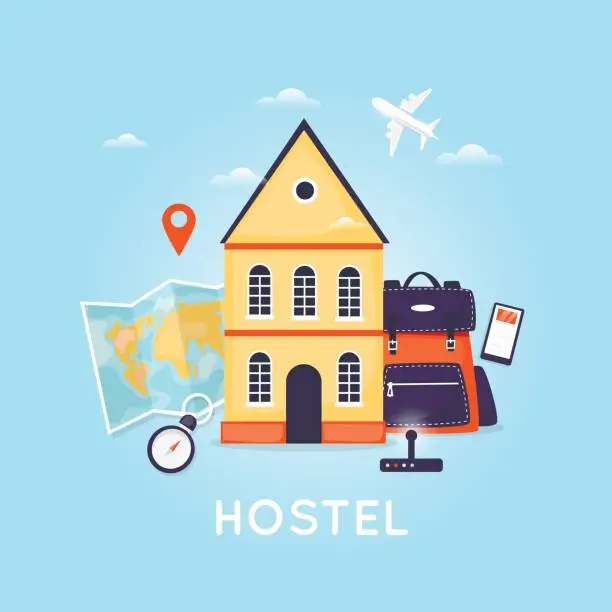 Vector illustration of Hostel building facade. Budget low cost travel. Planning summer vacations. Holiday, journey. Tourism and vacation theme. Poster. Flat design vector illustration.