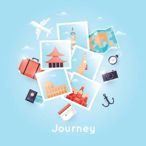 Vector illustration of World Travel. Photo. Planning summer vacations. Holiday, journey. Tourism and vacation theme. Poster. Flat design vector illustration.