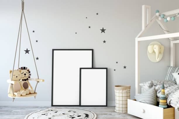 istock mock up wall in child room interior. Interior scandinavian style. 3d rendering, 3d illustration 692862196