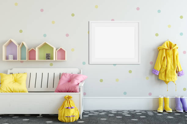 istock mock up wall in child room interior. Interior scandinavian style. 3d rendering, 3d illustration 692862200
