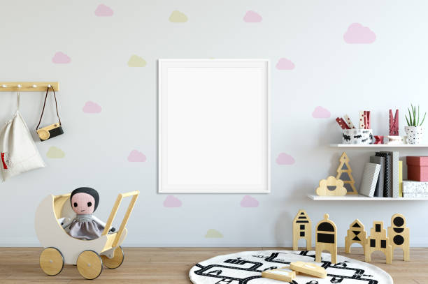 istock mock up wall in child room interior. Interior scandinavian style. 3d rendering, 3d illustration 692862212